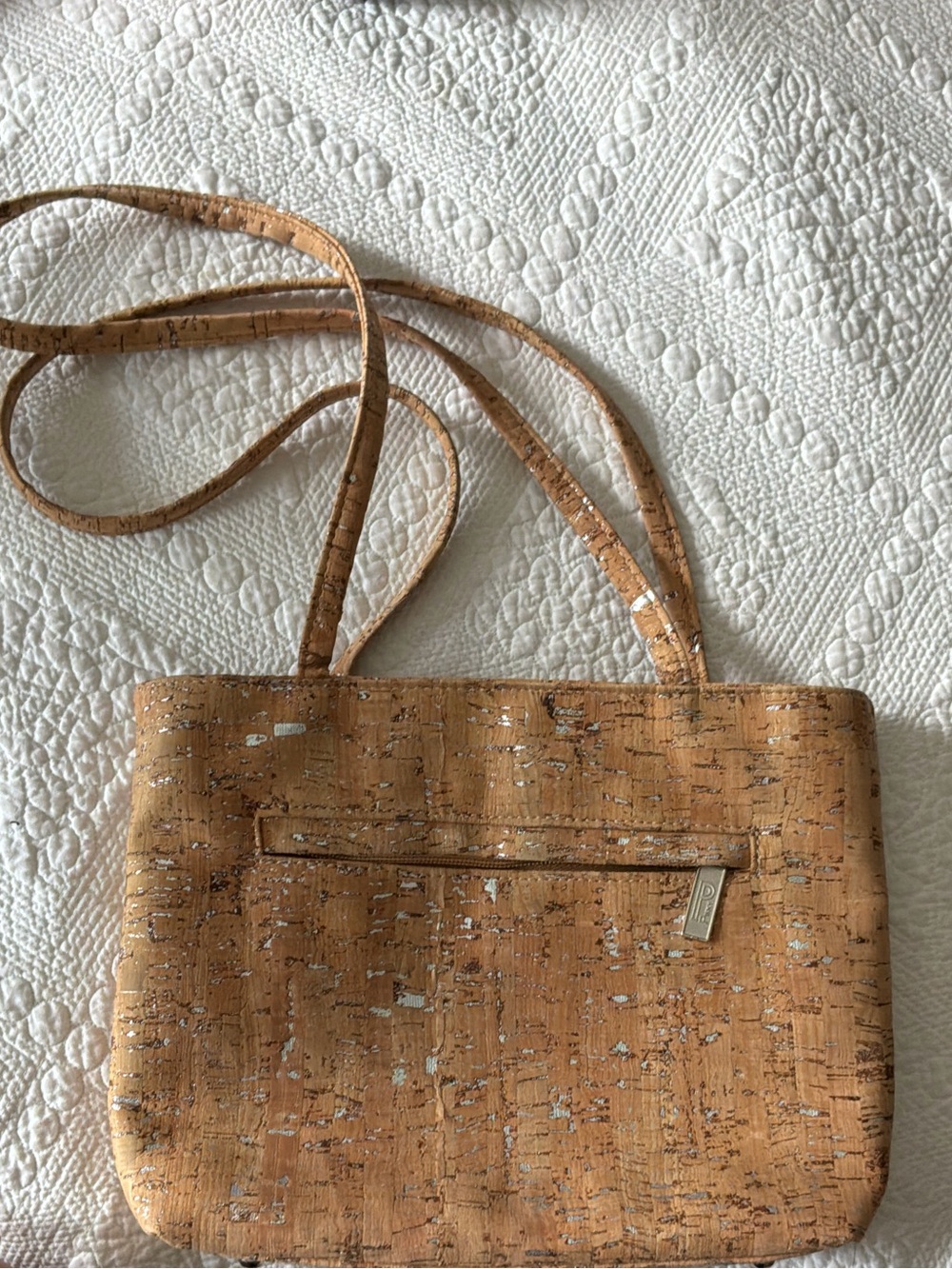 Pinky Cork Tote with Interior and Exterior Zip Pockets. Made in the USA